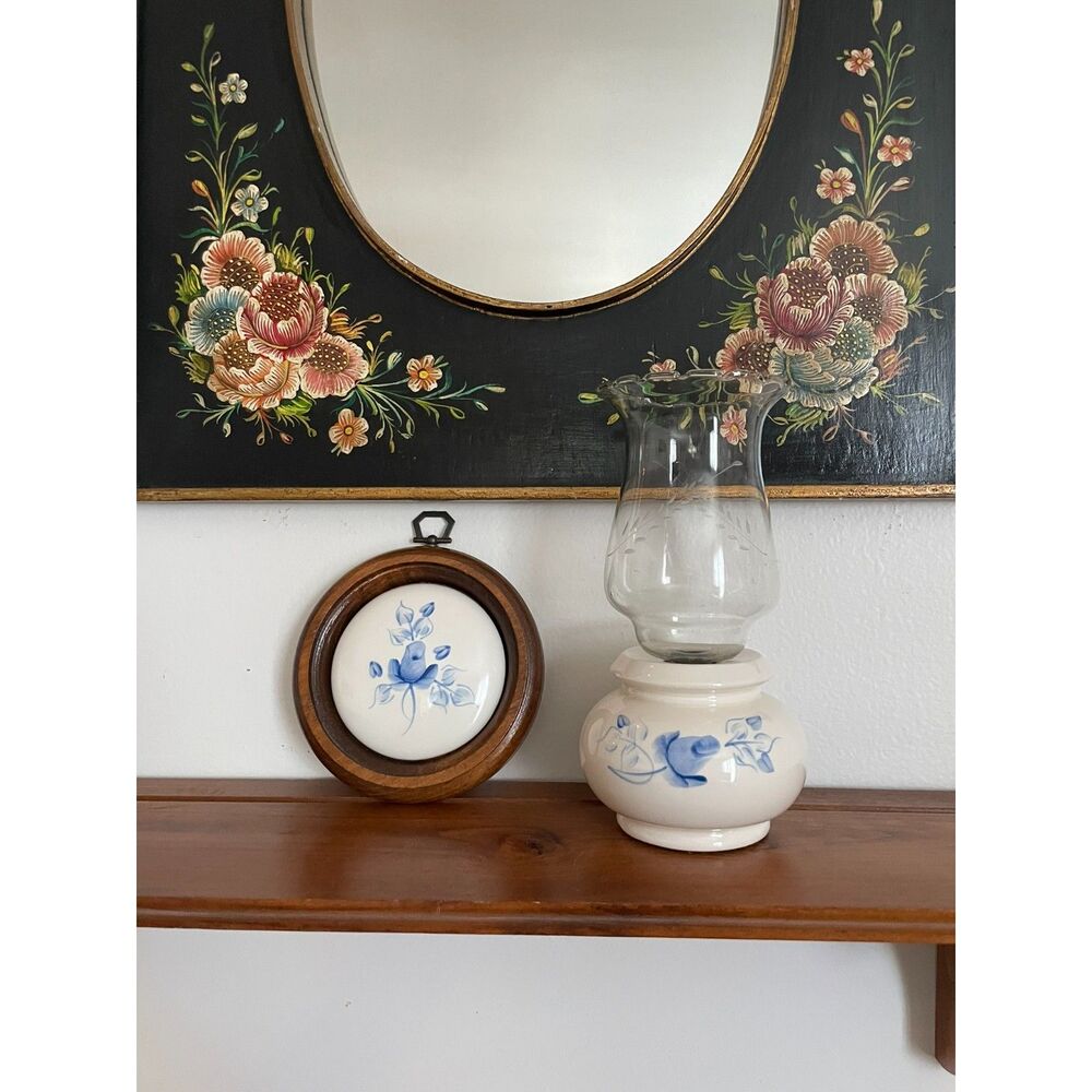 Vintage Cottagecore Blue Rose Hurricane Candle Holder & Matching Wall Plaque Set